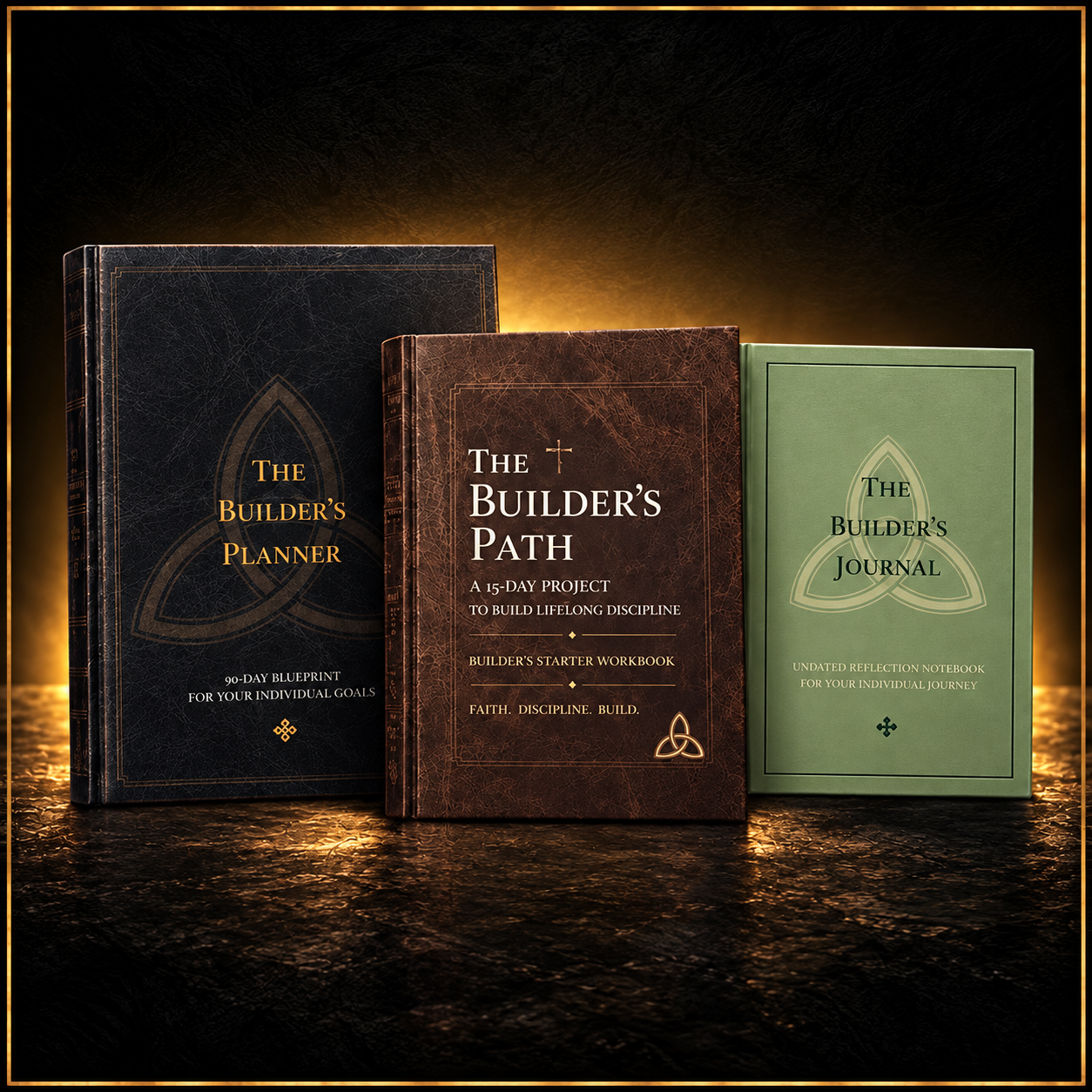 The Builder’s Planner, The Builder’s Path workbook and The Builder’s Journal shown together as a three-book collection